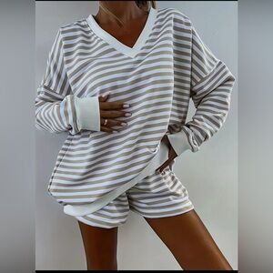 Striped Women's Lounge Set - Cream and White